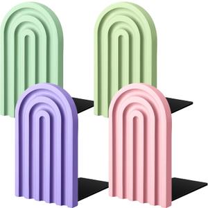 Harloon 4 Pcs Boho Arch Wooden Bookends, Decorative Rainbow Book Stoppers with NonSlip Metal Base, 5x3x4 Inches, Cute Shelf Decor for Heavy Books, Home Office Study Desk Organizer(Pastel Color)