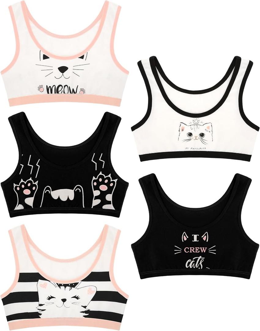 Donella Girls Training Bras - Soft Cotton Kids Sports Bra, 5 Pack Crop Tops, Kitten Prints, Age: 6-7