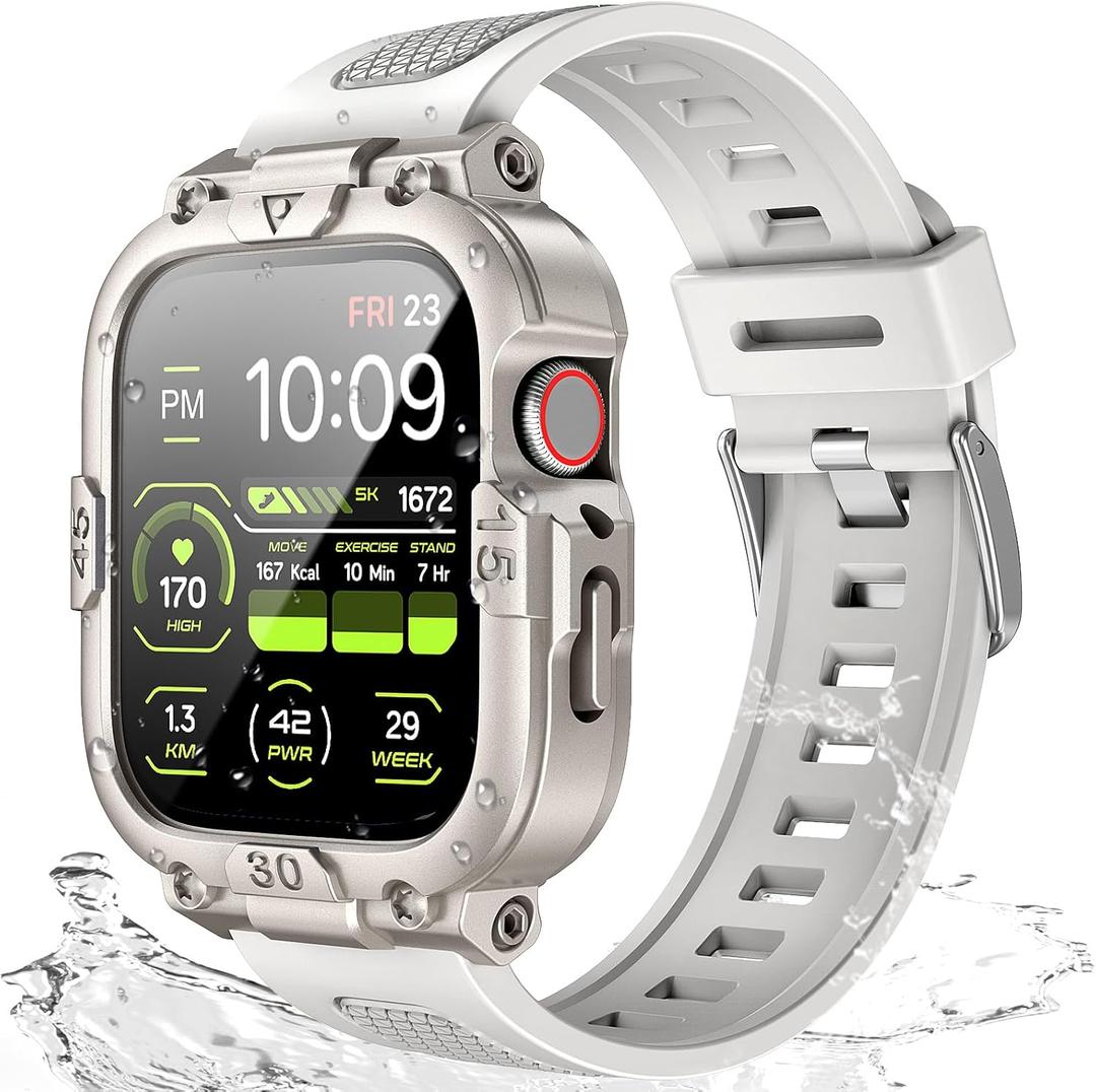 Dsytom Waterproof Case with Band Compatible for Apple Watch Band 45mm 44mm 41mm 40mm for Men ,Rugged Shockproof Smartwatch Strap Protective Bumper Cover with Built-in Tempered Glass Screen Protector (Starlight)