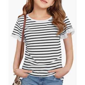 Haloumoning Girls Striped Ruffle Short Sleeve T Shirts Kids Summer Crewneck Tops Casual Tees 150