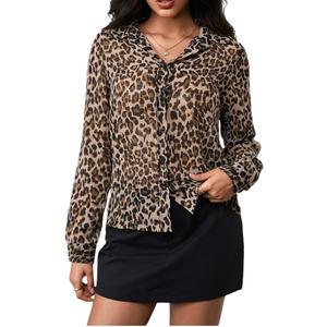 Women's Leopard Print Tops Button Down Shirt Long Sleeve Blouses Shirts Dressy Fashion Tops, Size Small