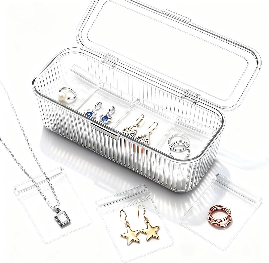 2 x Acrylic Jewelry Organizer Box Clear Jewelry Organizer with 20 Anti Tarnish Bags, Travel Jewelry Case for Earrings, Rings, Necklaces - Ideal Gift for Women,Girlfriend, Wife, Mom