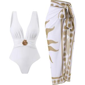 SherryDC One Piece Swimsuit with Cover up Wrap Skirt Sarong Floral Print Plunge V Neck Bathing Suit for Women (White, S)