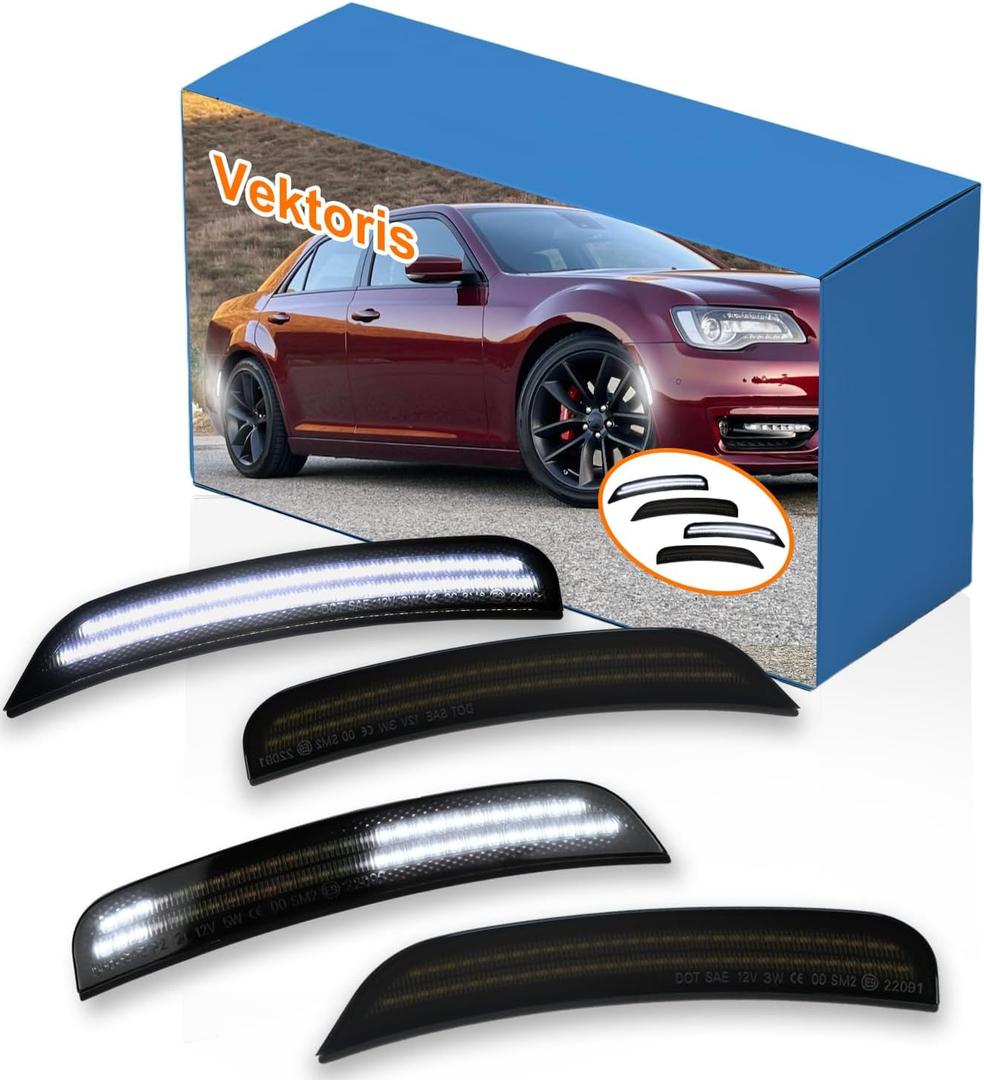 4PCS LED Fender Side Marker Lights Smoked Lens for Chrysler 300 2015-2024 -Replace OEM Part # 68213844AD/68213845AD/68214402AD/68214403AD, Front & Rear Bumper Side Marker Lamps (White Light)