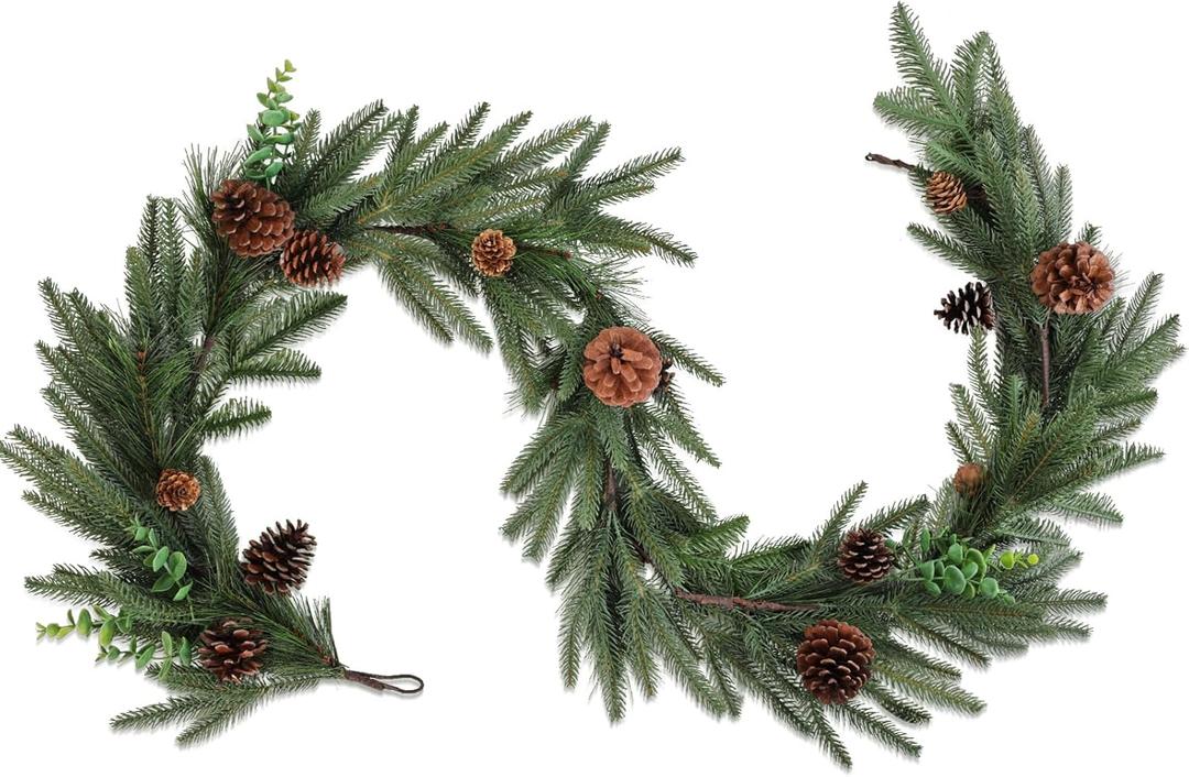 6ft Artificial Christmas Spruce Garland with Pine Cones, Lifelike Winter Greenery Needles Garland Decor for Home, Fireplace, Wall, Porch, Table, Mantle, Indoor Outdoor Decoration