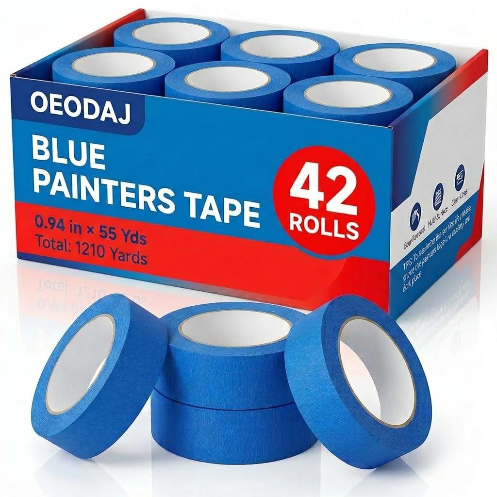 42 Rolls Painters Tape, Blue Painters Tape, 1 Inch Wide (0.94 in 55 Yds), Bulk Multi-Surface Masking Tapes for Wall Painting, DIY Arts Projects, Decoration, No Residue, Remove Easily
