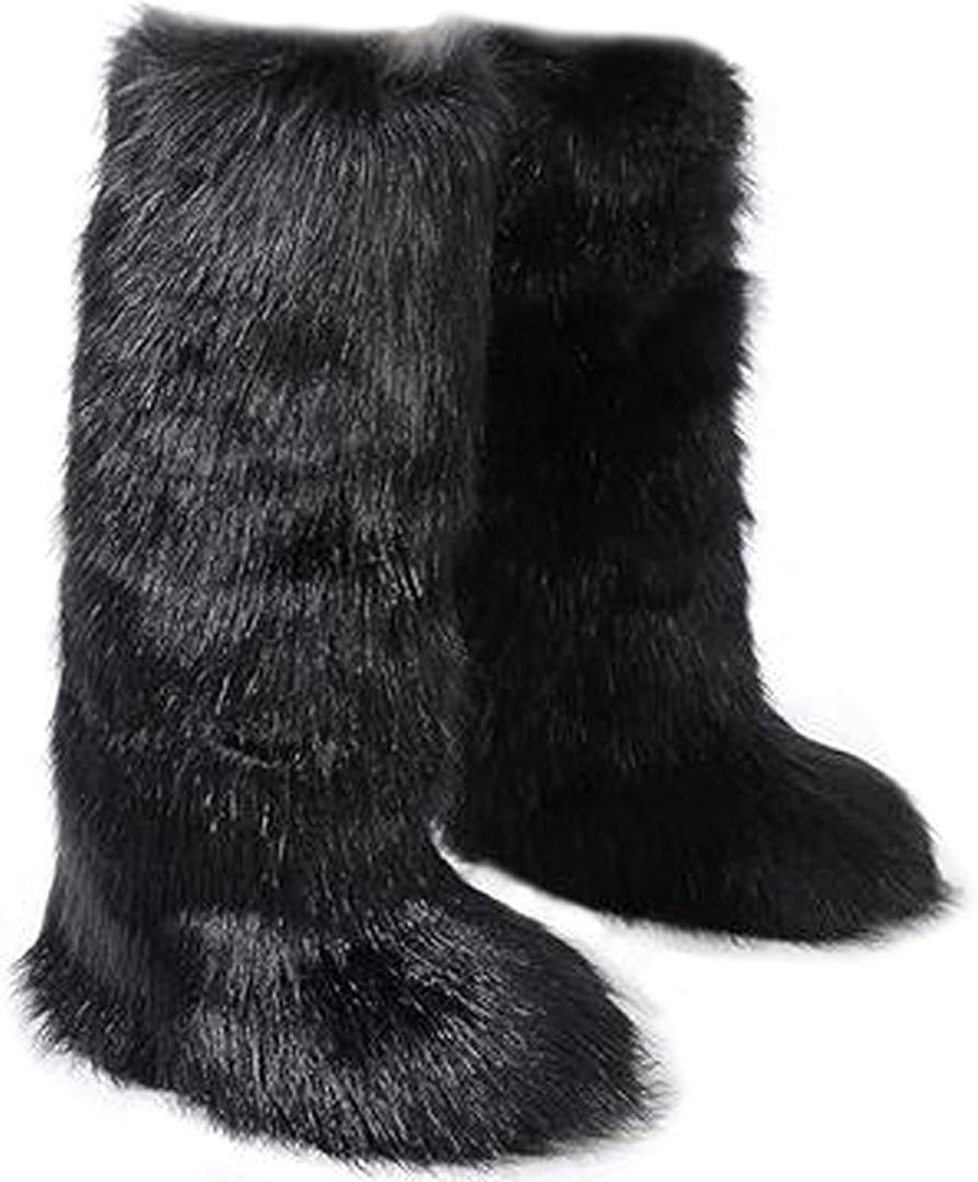 Valpeak Womens Faux Fur Boot Winter Fluffy Long Furry Boots for Girls Outdoor Fuzzy Knee-High Boots