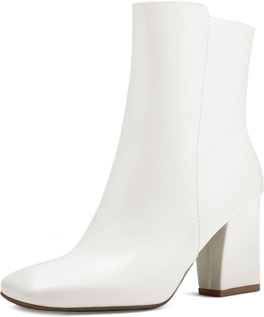 mysoft Women's Ankle Boots Square Toe Side Zipper GoGo Boots Chunky Block Heel Mid Calf Low Heeled Short Booties (6.5, White Pu)