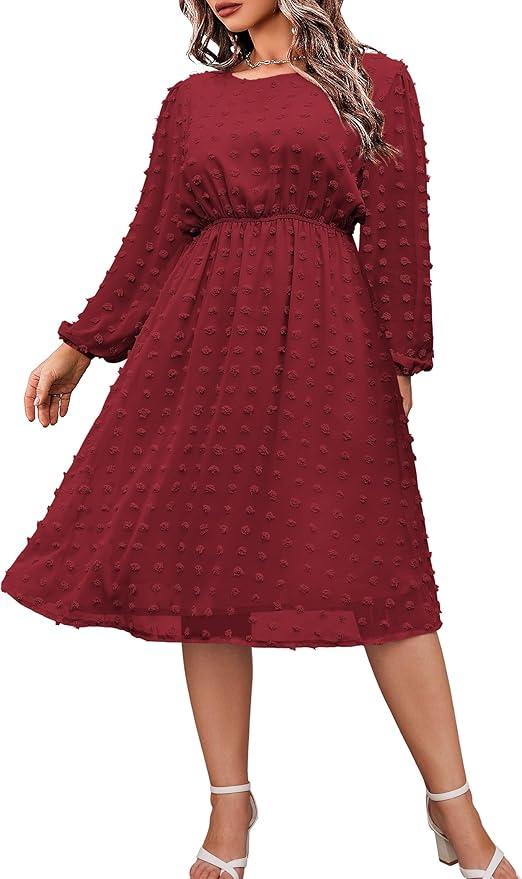 IN'VOLAND Women's Plus Size Swiss Dot Long Sleeve Chiffon Dress Flowy High Waist A Line Ruffle Babydoll Midi Dresses 16W-24W, Red, M