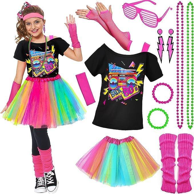 14Pcs Kids 80s Costume 5T-14 Accessories Set Halloween Party Fancy Outfits Cosplay 1980s Theme Retro Hop Hip Party for Girls (XL160(13-14+ Years))