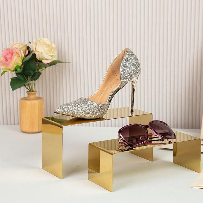 Purse Display Stand, 2 Gold Risers Display Stands Stainless Steel, Heavy Duty Countertop Shoes Stand Handbag Holder Risers for Home Boutique Retail Store Vendor Display Bags Perfume Jewelry Craft