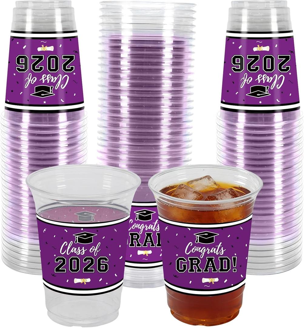 Labrostar 50Pcs Graduation Decorations 2026 Disposable Graduation Cups Congrats Grad Class of 2026 Decorations Graduation Party Supplies 16oz Pruple