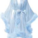 Feather Fur Robe Silk Satin Bridal Dressing Gown Sexy Illusion Lingerie Nightgown Bathrobe Sleepwear Small