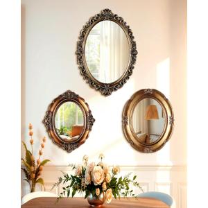 3 Styles Vintage Gold Mirror Set Wall Decorative, Vintage Wall Mirror Antique Hanging and Tabletop with Stand for Living Room Bedroom Dresser, Classic Home Wedding Decor(Retro Style)