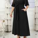 Ekaliy Women's Elegant Wedding Guest Dress Adjustable Tie Front V Neck Ruffle Sleeve A Line Formal Maxi Church Dresses (Black, L)