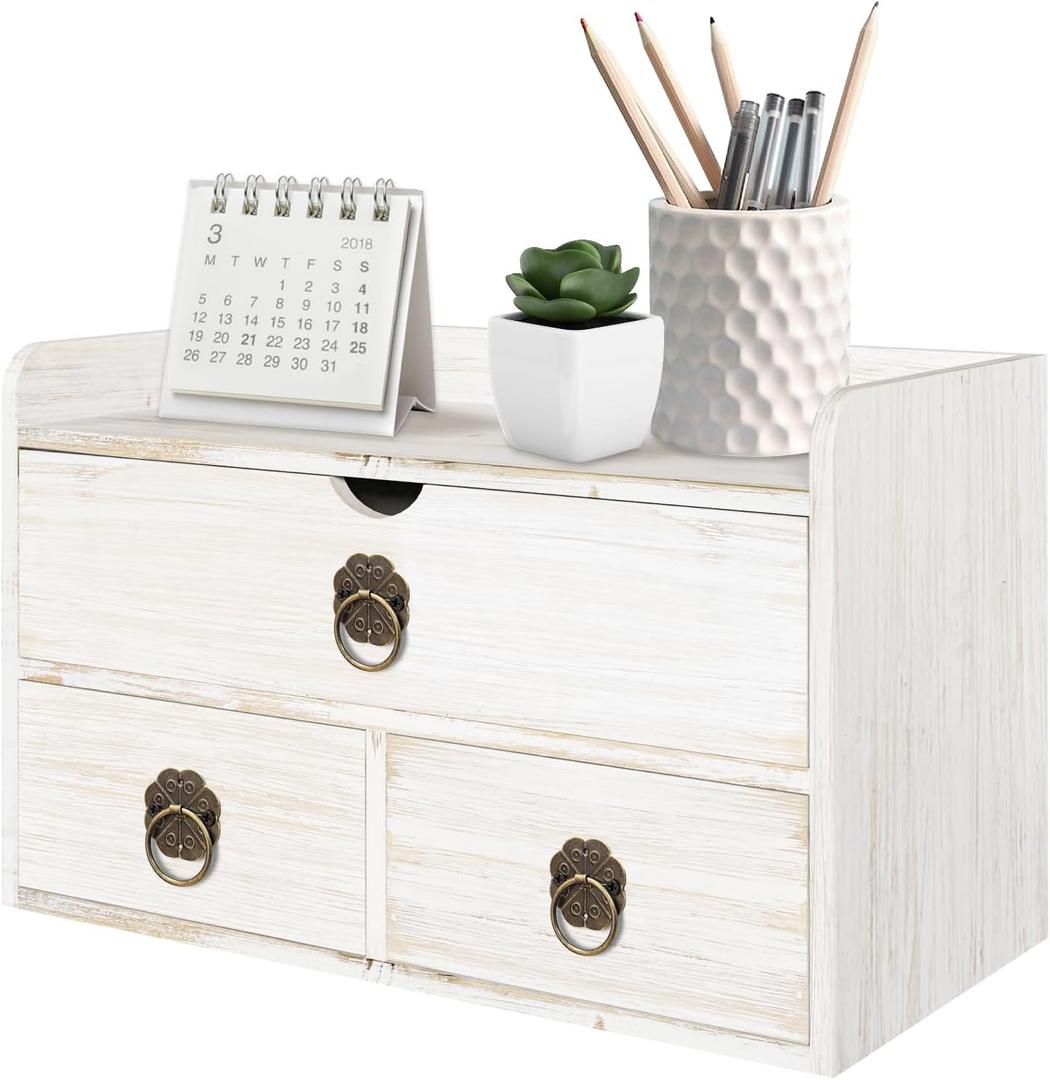 Wood Desk Organizer with Drawer, White Wooden Desktop Organizer, Tabletop Storage Organization Box for Countertop, Home Office Supplies, 13.5x6.6x8.2 Inch(3 Drawer and Shelf)