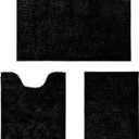 HOMEIDEAS Black Bathroom Rugs Sets 3 Piece, Butter Chenille Rugs and Mats, Shaggy, Absorbent, Non Slip, Luxury, Shiny, Washable Bath Mat for Bathroom, Shower (17"x24"+20"x32"+U Shape 20"x24")
