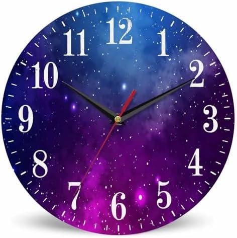 Mxocom Colourfull Sky Wall Clock Blue Purple Nebula White Colour Star 10 Inch Silent Non Ticking Battery Operated Clock Vintage Round Clock for Living Room Bedroom Bathroom Office Decor