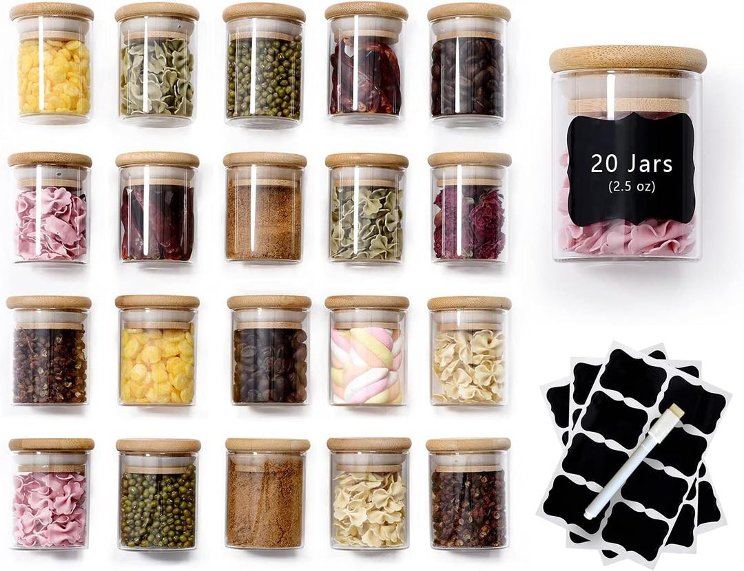 20 Pcs Glass Spice Jars with Airtight Bamboo Lids, Labels and Pen, 2.5oz Mini Clear Food Storage Containers for the Pantry, Kitchen Canisters for Tea, Herbs, Sugar, Salt, Coffee and More