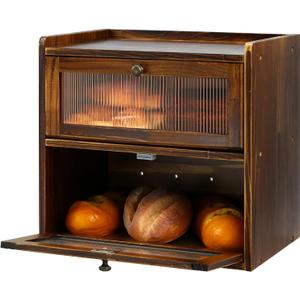 Bread Box for Kitchen Countertop, 2 Layer Large Capacity Wooden Bread Storage Container with Clear Wavy Acrylic Window Breadbox Holder Keeper Farmhouse Food Organizer (Brown)