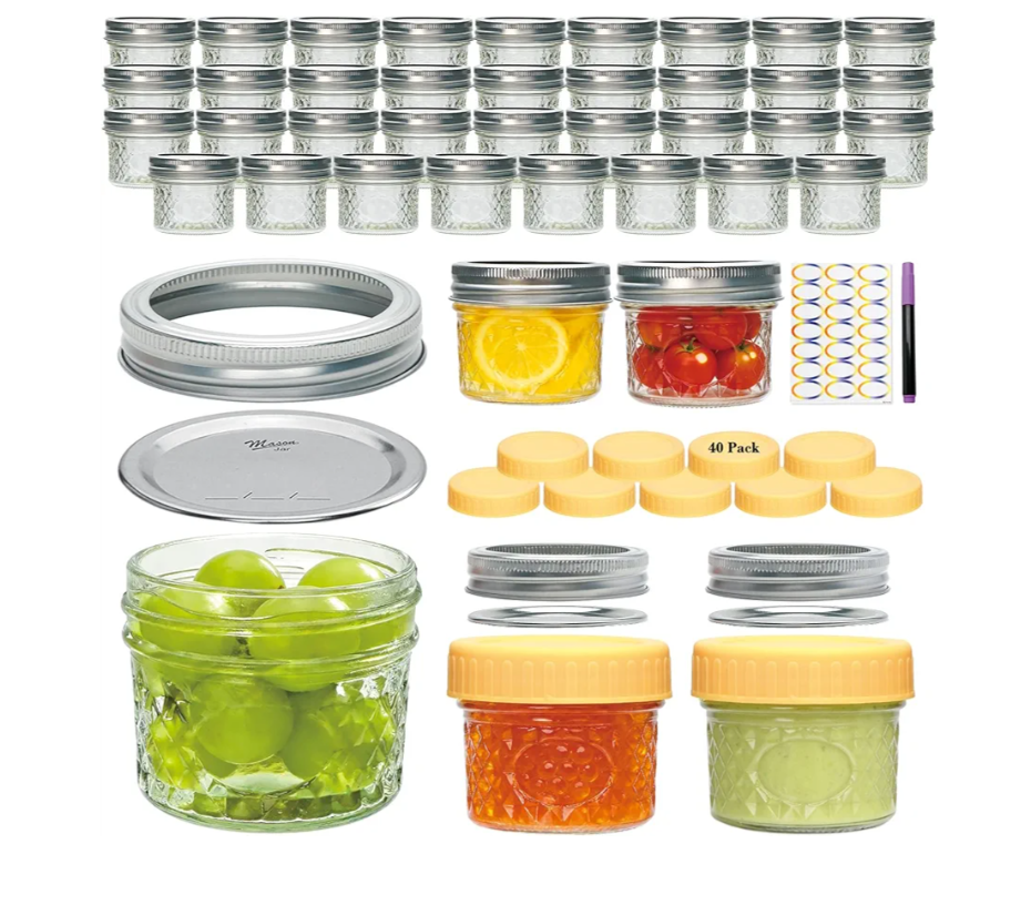 Flrolove Mason Jars 4 OZ,40 Pack Canning Jars With Regular Lids,Mini Mason Jars Ideal for Jam,Jelly,Honey,DIY Projects,Wedding/Shower Favors