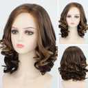 RENERSHOW Brown Highlight Short Wavy Wigs for White Women Brown Mixed Blonde Curly Wig Synthetic Hair Replacement Wig for Daily Party Use