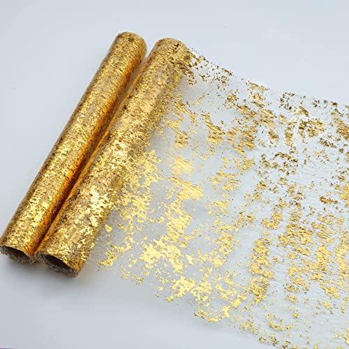 Snowkingdom 1 Piece Gold Table Runner, Sequin Glitter Foil Metallic Thin Mesh Runner Roll 11"x108", Gold Table Decorations for Event Party, Wedding, Birthday Party, Christmas