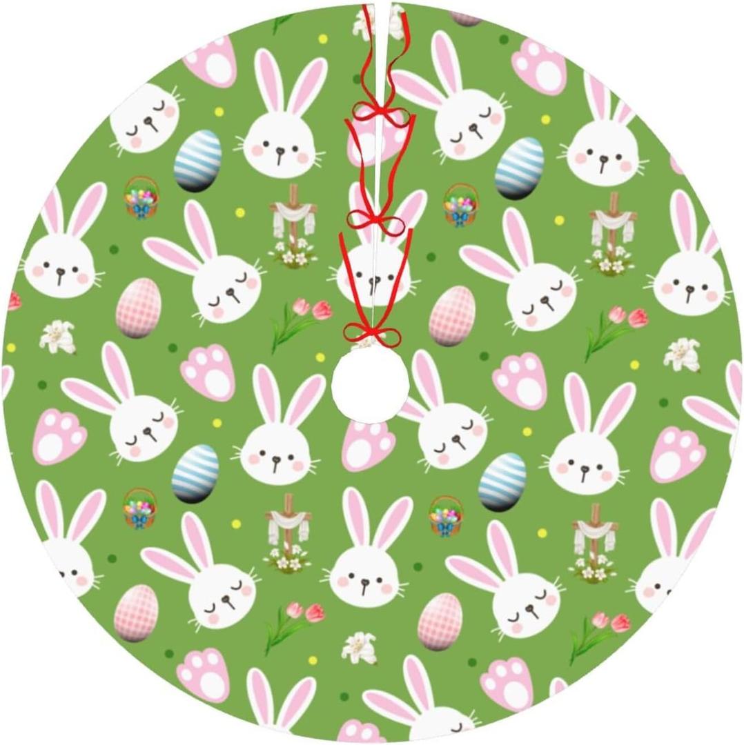 Easter Rabbits Christmas Tree Skirt 48 Inches, Xmas Tree Skirt Party Indoor Decoration Ornaments Hat