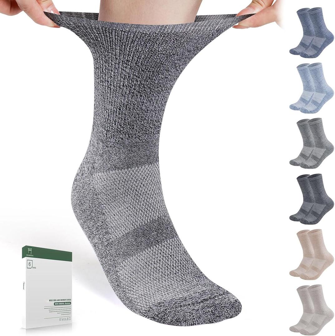 Bulinlulu Diabetic Socks for Men Women-6 Pairs Non Binding Crew Diabetic Neuropathy Socks with seamless toe for men size 9-12(Large)
