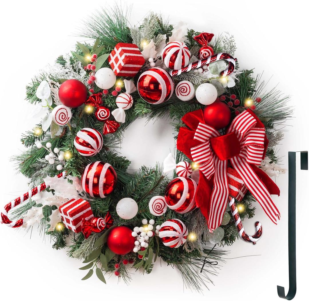 Valery Madelyn 30'' Pre-Lit Christmas Wreath for Front Door with Lights, Large Lighted Outdoor Christmas Wreath with Red White Xmas Balls & Bow for Home Porch Fireplace Window Holiday Wall Decor