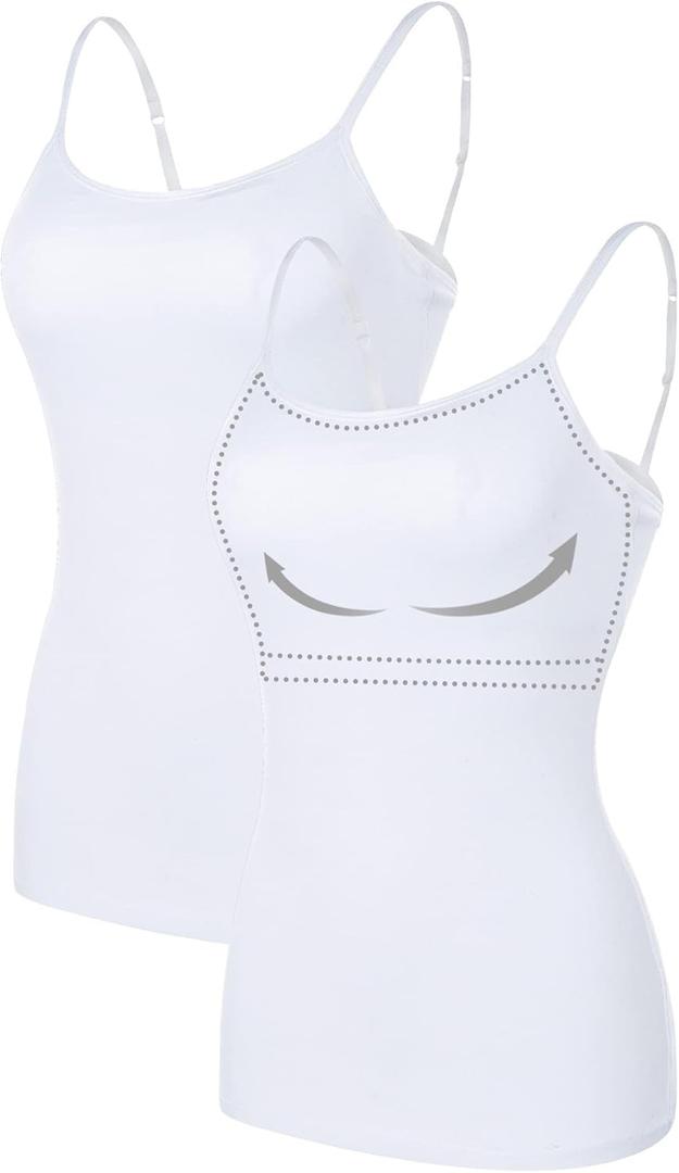 ATTRACO Women's Cotton Camisole Shelf Bra Spaghetti Straps Tank Top (#1 White/White) S 