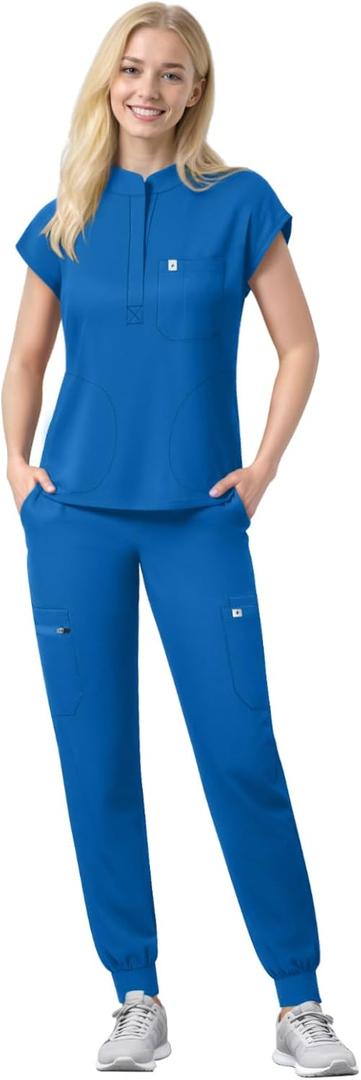 Scrubs Set for Women Medical Uniform Nurse Suit, Anti-Wrinkle Scrub Top Jogger Pant&11 Pockets,4 Way Stretch Workwear (Small, Royal Blue)