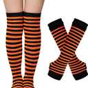 Zando Halloween Striped Women Thigh High Socks Fingerless Gloves Arm Warmers Thigh Highs Over the Knee Socks Leg Warmers (One Size, Orange & Black Stripes)