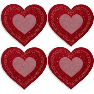 OWENIE Valentines Day Heart Placemats Set of 4, Embroidered Red Gillter Heart with Sequins Valentines Table Mats, and Wedding Table Decor,13.5 x 15, Red