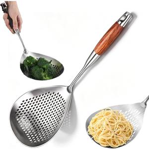 16 Inch Skimmer Slotted Spoon, Wooden Handle, Large Stainless Steel Spider Strainer for Kitchen Cooking Frying Draining