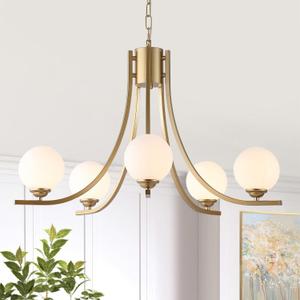 Modern Sputnik Chandelier,Gold Farmhouse Chandeliers for Dining Room with Milk Glass Globe Shades,Mid Century Pendant Light Fixtures for Kitchen Island Living Room, Bedroom,Staircase, Entryway, Foyer