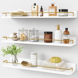 Forbena 24 Inch Bathroom Floating Shelves for Wall Set of 3, Gold Bathroom Shelves Over Toilet Wall Mounted with Rail, Decorative Wall Shelf Unit for Bedroom Office Living Room Decor (White and Gold)