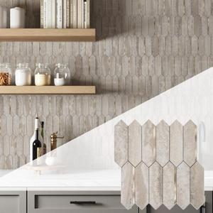 KASARO Peel and Stick Backsplash Long Hexagon Wall Tile, 10-Pieces PVC Self Adhesive Mosaic Tiles, Marble Beige Slate with Vintage Gold Stripes Decorative for Kitchen, Bathroom and Fireplace