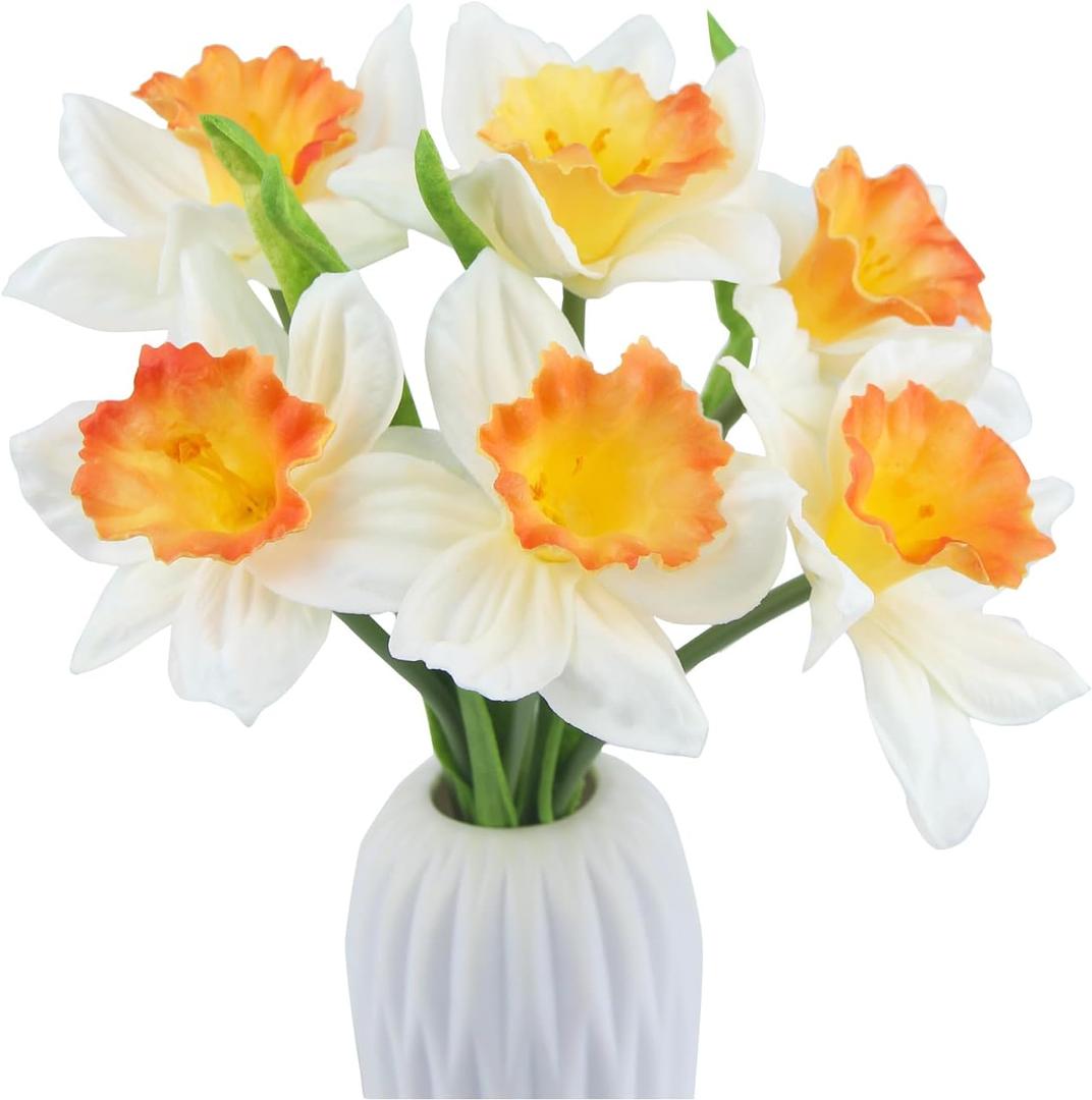 6 Pcs Artificial Daffodils Flowers Silk Daffodils Spring Artificial Flowers Yellow Narcissus Flowers Fake Silk Flower Arrangement for Home Wedding Decor Indoor Outdoor (Orange)