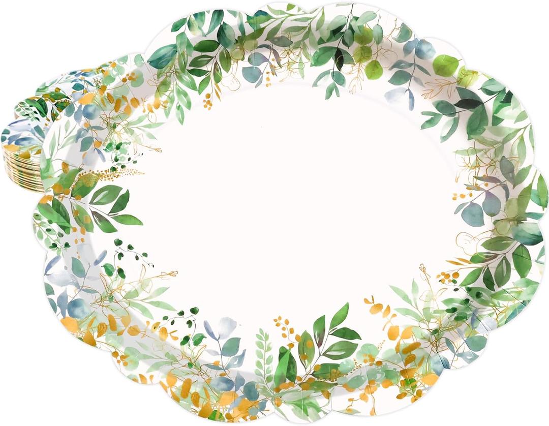 Treasure Cove Sage Greenery Oval Paper Plates Disposable Spring Oval Plates Large Eucalyptus Party Platters for Spring Birthday Wedding Tableware Decoration Supplies 10" x 12" 24Pcs