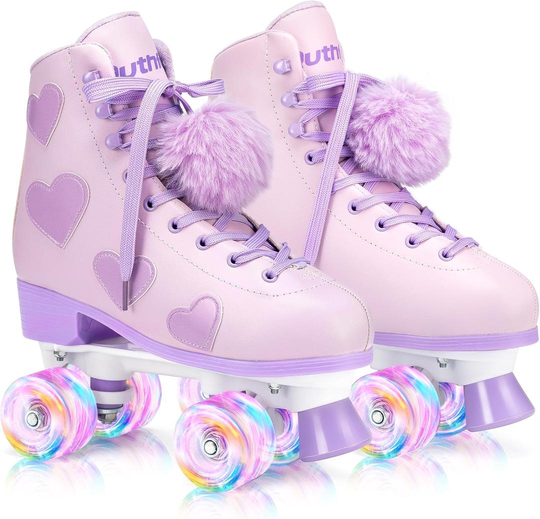 Women's and Girl's Classic Roller Skates with Light up Wheels and Love Heart Pattern, High-top PU Leather Rollerskates (Women's 5 / Youth's 4, BLACK)