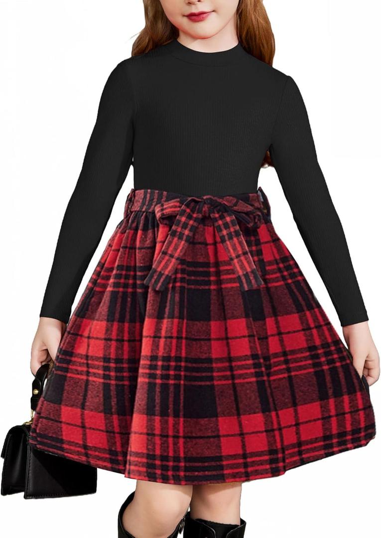 Arshiner Girls Dresses Long Sleeve Rib Knit Plaid Patchwork Belted Dress with Pockets (4, Black / Red Plaid)