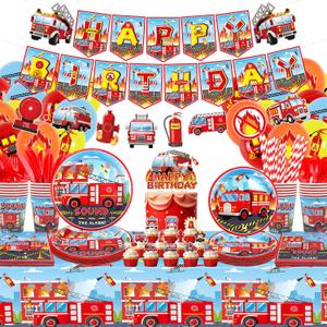 Firetruck Birthday Party Decorations - Fire Truck Party Supplies, Plates Cups Napkins Tablecloth Happy Birthday Banner Balloon Cake Toppers for Truck Theme Party Baby Shower Supplies
