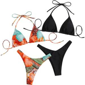 RoseSeek Women's 2 Pack Leopard Halter Bikini Set Brazilian Beach Swimwear (Black, L)