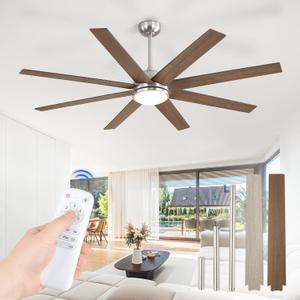 Fanbulous 65 Inch Ceiling Fans with Lights and Remote, Brush Nickel Indoor/Outdoor Ceiling Fan with Quiet Reversible DC Motor, 6 Speeds, 3CCT, 8 Blades Large Ceiling Fan for Living Room Bedroom Patio