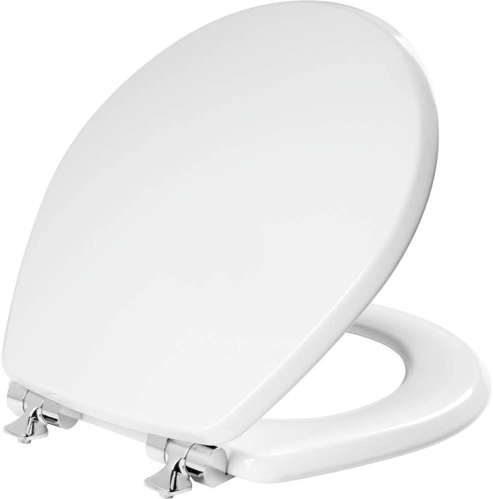 Mayfair Bennett Toilet Seat with Chrome Hinges, Slow Close Wood Seat, Secure Metal Hinges, Easy Install, Made in USA, Round, White