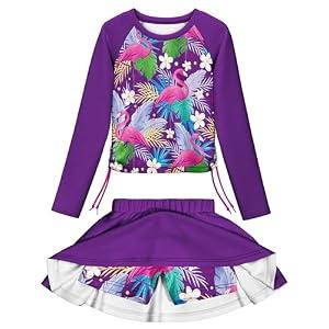 LQSZ Girls 2-Piece Rash Guard Swimsuit Long Sleeve Bathing Suit with Skirt UPF 50 Sun Protection Size 100