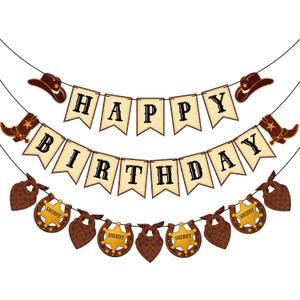 GCQQ Western Cowboy Happy Birthday Banner - Rustic Wild West Birthday Decorations 9.8FT Pre-Strung Cowboy First Rodeo Theme Party Supplies 75Inch Sheriff Badge & Horse Paper Bunting Garlands for Boy & Girls