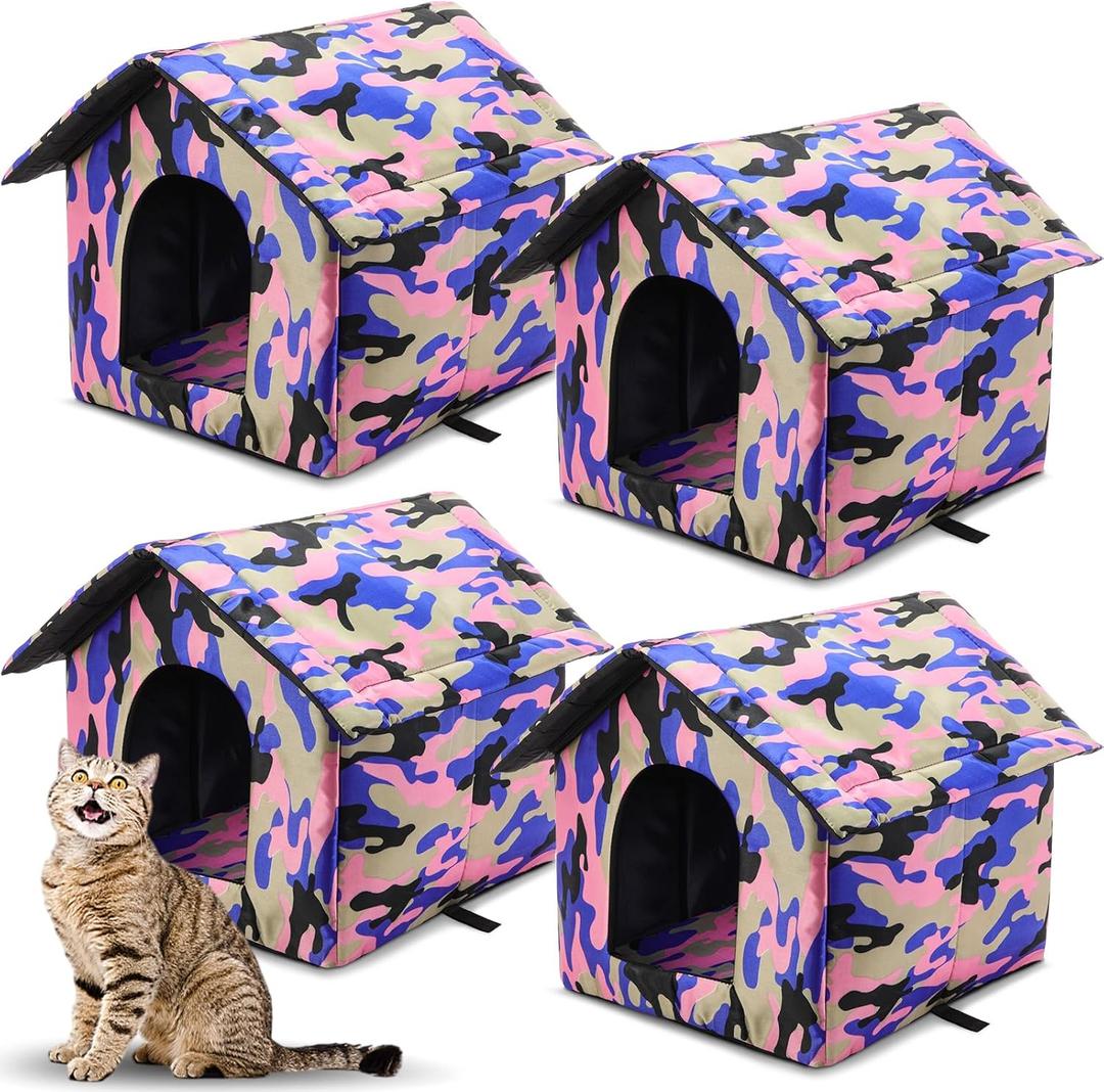 Weysat 4 Pieces Collapsible Outdoor Cat House Stray Waterproof Cat Shelter Houses for Outside Warm Feral Pet Cave for Winter Water Resistant Canvas Roof for Small pet Dog Tent Bed(House)