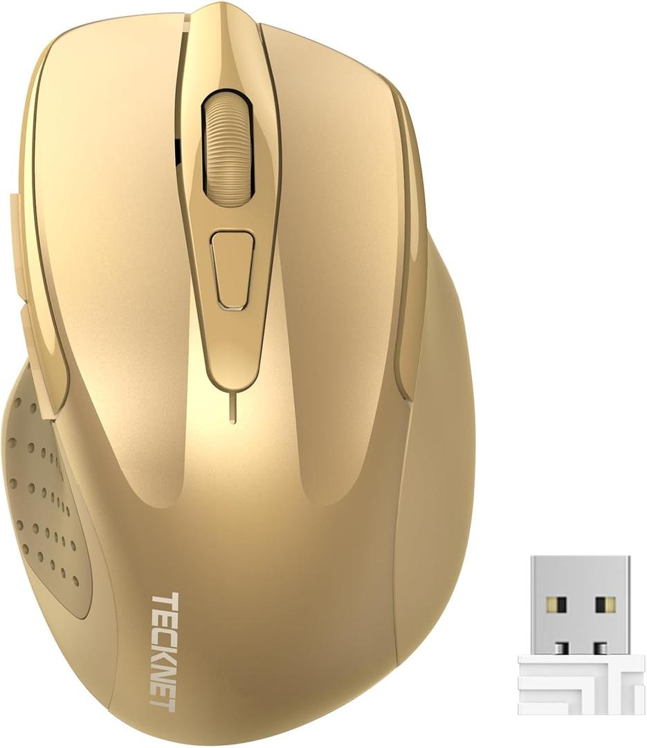 TECKNET Wireless Mouse, 2.4G Ergonomic Optical Mouse, Computer Mouse for Laptop, PC, Computer, Chromebook, Notebook, 6 Buttons, 24 Months Battery Life, 2600 DPI, 5 Adjustment Levels - Gold